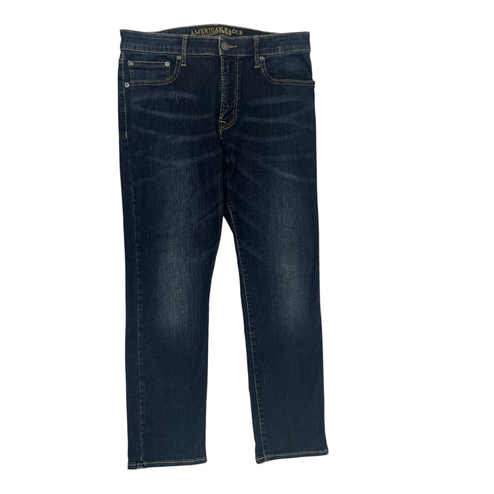 American Eagle Men’s Slim Straight Cross Stitched Dark Denim Jeans Size 34x30